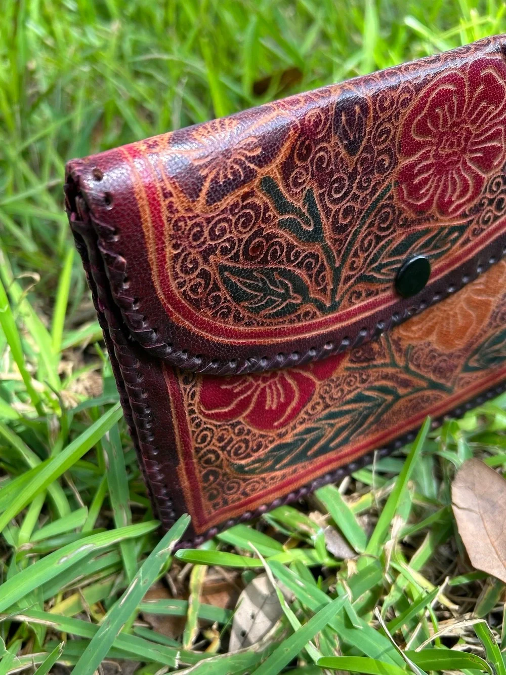 Vintage Handcrafted Leather Tooled Floral Envelope Leather Clutch - Red & Brown